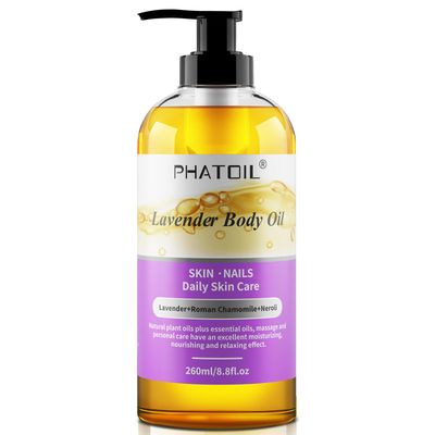 PHATOIL Lavender Body Oil with Pump, 260 ml (8.8 fl.oz) Premium Quality Massage Oil, Versatile Skin Care Hair Care, Blends of Natural Plant Oils and Essential Oils, Body Oils for Women and Men