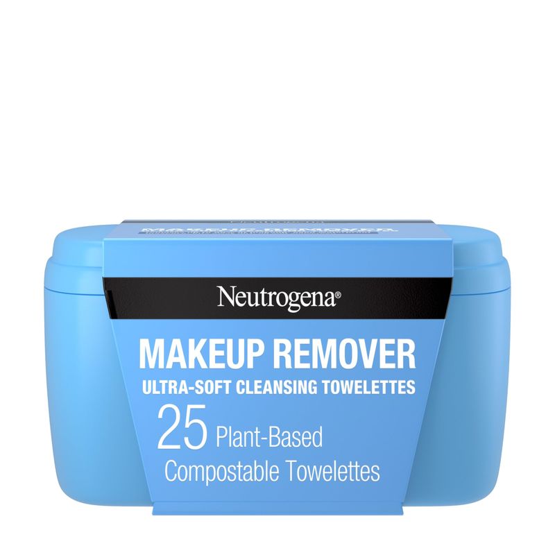 Neutrogena Makeup Remover Facial Cleansing Towelettes, Daily Face Wipes Remove Dirt, Oil, Sweat, Makeup &amp; Waterproof Mascara, Gentle, Soap- &amp; Alcohol-Free, 100% Plant-Based Cloth, 25 ct