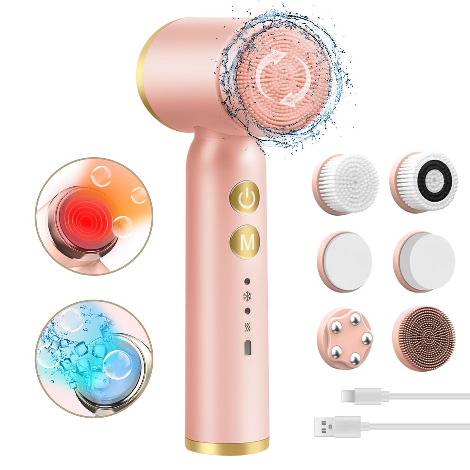 Landmore Facial Cleansing Brush, 8 in 1 Spin Face Wash Brush Rechargable Waterproof Face Scrubber with 6 Brush Heads, 3 Speeds for Deep Cleansing, Exfoliator, Thermal &amp; Cold Massager Skin Care, Pink
