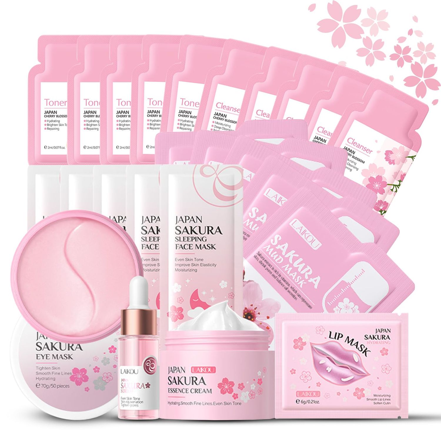 Skincare Set for Teenage Girls, Japan-Sakura Skin Care Products Set, Skin Care Sets &amp; Kits, Cleanser, Toner, Serum, Cream, Sleep Mask,Eye Mask,Mud Mask,Lip Mask Beauty Products Daily Face Care 24PCS