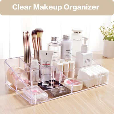 PeoTRIOL Clear Makeup Organizer, Makeup Brushes Storage Case, Cosmetic Display Case Tray, Tiered Skincare Organizer, Acrylic Lipstick Holder Countertop Desk Brush Organizer for Bedroom Vanity