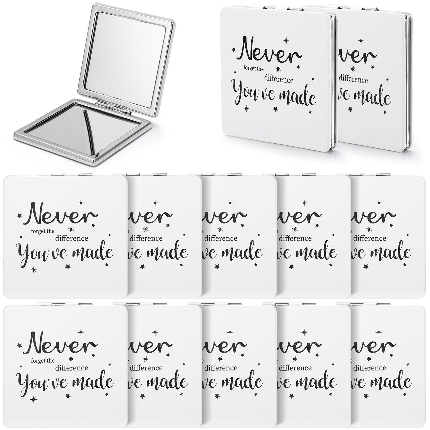 Qunclay 12 Pcs Inspirational Compact Mirrors Bulk Appreciation Purse Mirrors Portable Square Pocket Mirrors Thank You Gifts for Women Employee Teachers(Never Forget,White)