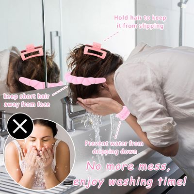 Wecoe Spa Headband and Wristband Set Makeup Headband For Washing Face Women Girls Skincare Headband 4 inch Hair Claw Clip Cute Pink Puffy Sponge Bubble Headband Wrist Towels Scrunchies For Women Girls