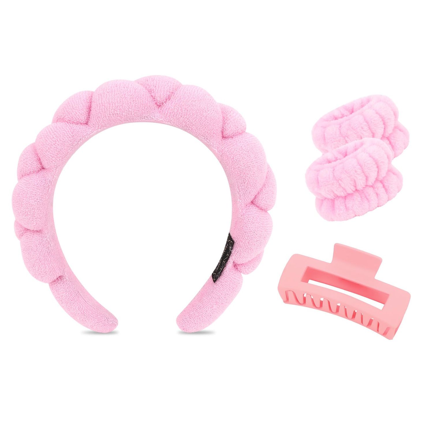 Wecoe Spa Headband and Wristband Set Makeup Headband For Washing Face Women Girls Skincare Headband 4 inch Hair Claw Clip Cute Pink Puffy Sponge Bubble Headband Wrist Towels Scrunchies For Women Girls