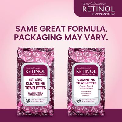 Retinol Anti-Aging Cleansing Towelettes - All-in-One Cleanser, Toner &amp; Makeup Remover in a Convenient Pre-Moistened Wipe - On-The-Go Exfoliating, Toning &amp; Hydrating Leaves Skin Clean, Fresh &amp; Refined