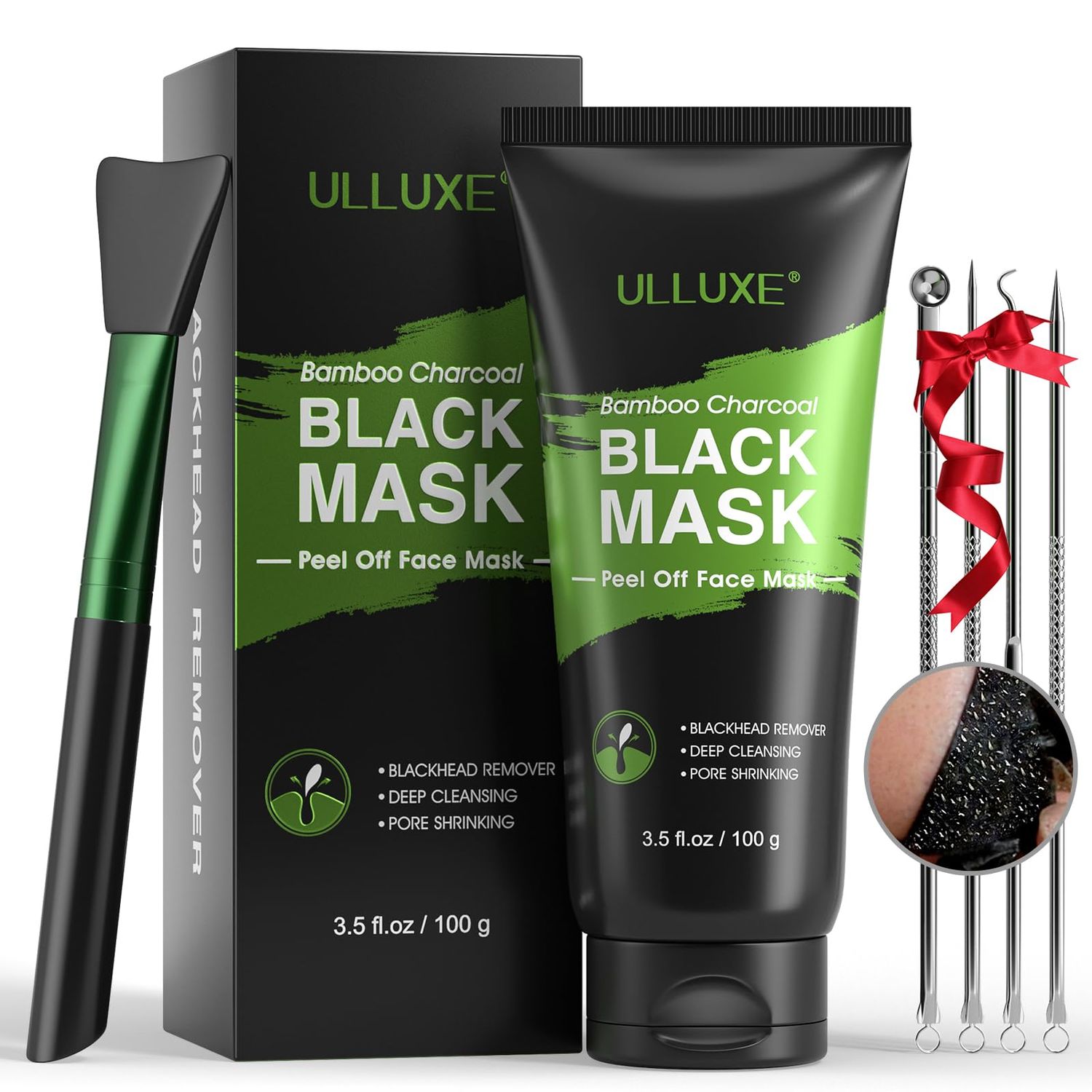 ulluxe Blackhead Remover Mask, Black Charcoal Peel Off Face Mask, Deep Cleansing Mask for Face Nose Black Head Acne Pores, Purifying Facial Mask with Pimple Extractor and Face Mask Brush (3.5 fl.oz)