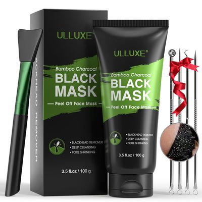 ulluxe Blackhead Remover Mask, Black Charcoal Peel Off Face Mask, Deep Cleansing Mask for Face Nose Black Head Acne Pores, Purifying Facial Mask with Pimple Extractor and Face Mask Brush (3.5 fl.oz)