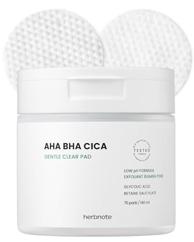 HERBNOTE AHA BHA Cica Gentle Clear Pad - Facial Exfoliating Pad for Dead Skin Cell Care, pH Balancing &amp; Sebum Control, Tighten Large Pores, Calm Sensitive Skin, &amp; Moisturize Dry, Flaky Skin, 70 Sheets