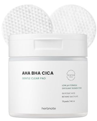 HERBNOTE AHA BHA Cica Gentle Clear Pad - Facial Exfoliating Pad for Dead Skin Cell Care, pH Balancing &amp; Sebum Control, Tighten Large Pores, Calm Sensitive Skin, &amp; Moisturize Dry, Flaky Skin, 70 Sheets