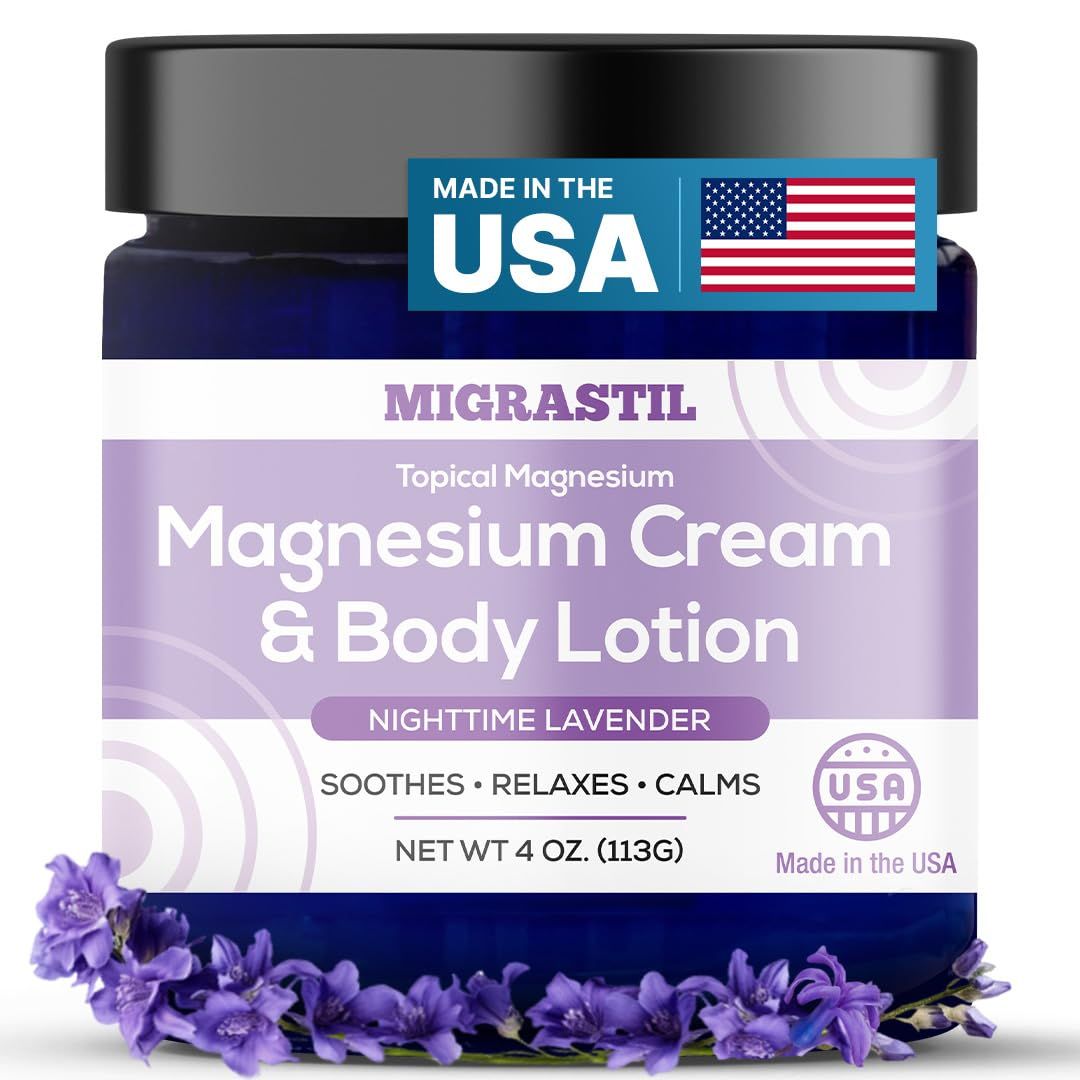 Migrastil Nighttime Lavender Topical Magnesium Cream &amp; Body Lotion - Promotes Sleep and Soothing Relief for Sore Muscles, Leg Cramps, Etc. 4oz