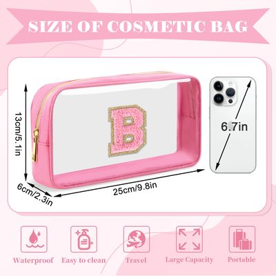 UIXIZQ Personalized Initial Letter Clear Makeup Bag,Preppy Small Nylon&PVC Cosmetic Zipper Bag with Chenille Letter,Travel Skincare Toiletry Bag,Monogram Christmas Gift for Teen Girls Women,B