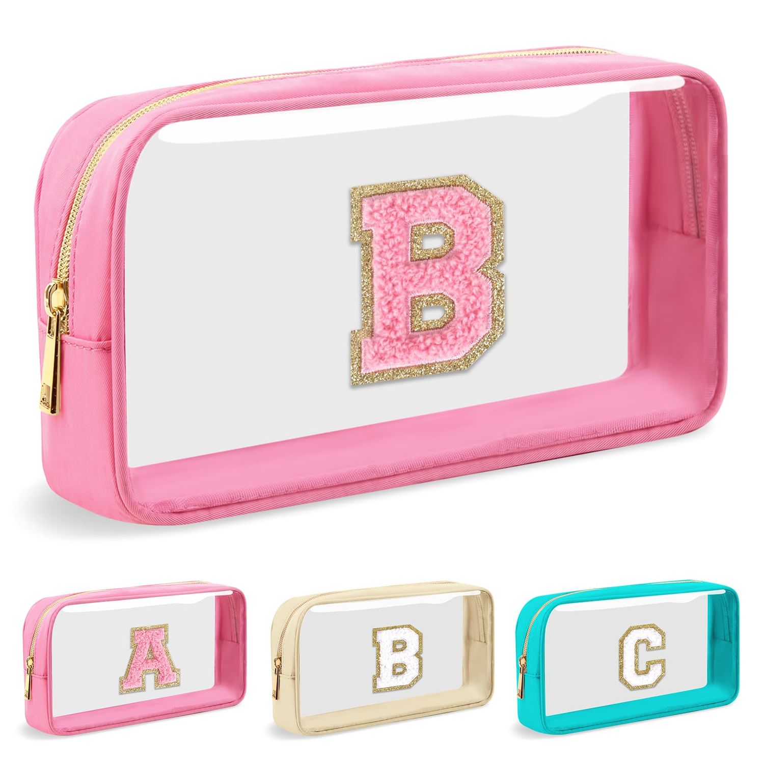 UIXIZQ Personalized Initial Letter Clear Makeup Bag,Preppy Small Nylon&amp;PVC Cosmetic Zipper Bag with Chenille Letter,Travel Skincare Toiletry Bag,Monogram Christmas Gift for Teen Girls Women,B