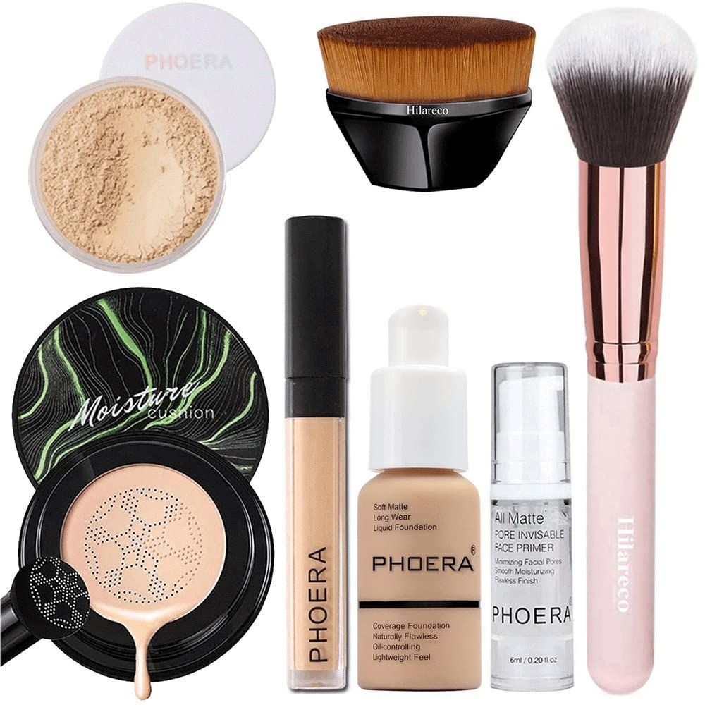 PHOERA Foundation Full Coverage Makeup, Mushroom Head Air Cushion CC Cream Natural Foundation Set,PHOERA Concealer, PHOERA Primer, PHOERA Powder, Foundation Brushes (104 Buff Beige+ 04 Buff Beige CC)