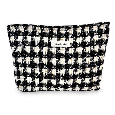 Yovell Cute Makeup Bag, Floral Makeup Bag for Women Girls, Canvas Cosmetic Organizer Storage with Zipper, Travel Toiletry Bag, Large Aesthetic Skincare Bags (Checkered Black/White)