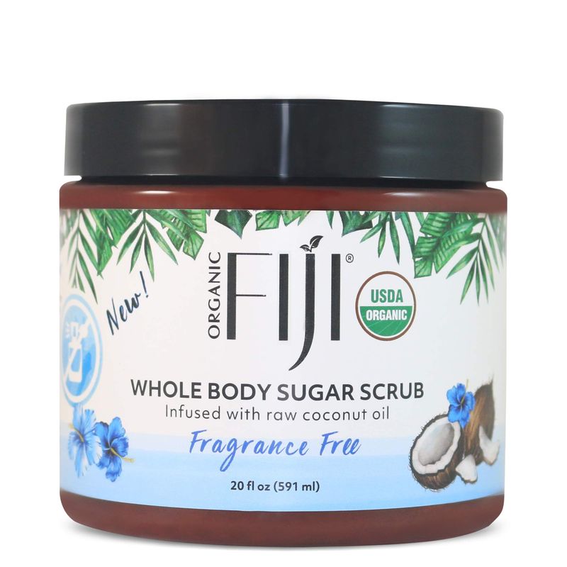 Organic Fiji Whole Body Scrub - Infused with Coconut Oil, Exfoliating Sugar Scrub for Smooth and Soft Skin, Exfoliates &amp; Restores Skin&#39;s Natural Biosphere, Fragrance Free 20 oz