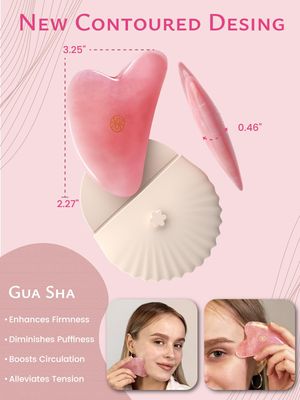Rena Chris Gua Sha Facial Tools-Fuller, Ergonomic Rose Quartz Jade Gua Sha Stone for Face Massage,Jawline Sculpting and Puffiness Reducing, Skin Care Massager(Pink)