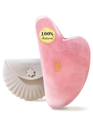 Rena Chris Gua Sha Facial Tools-Fuller, Ergonomic Rose Quartz Jade Gua Sha Stone for Face Massage,Jawline Sculpting and Puffiness Reducing, Skin Care Massager(Pink)