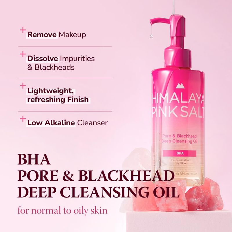 HIMALAYA PINKSALT Pore &amp; Blackhead Deep Cleansing Oil BHA, 6.7 fl oz 2 Pack - Pore Purifying Oil Cleanser with BHA for Blackhead Removal, Makeup Remover with Refreshing Low Alkaline Formula