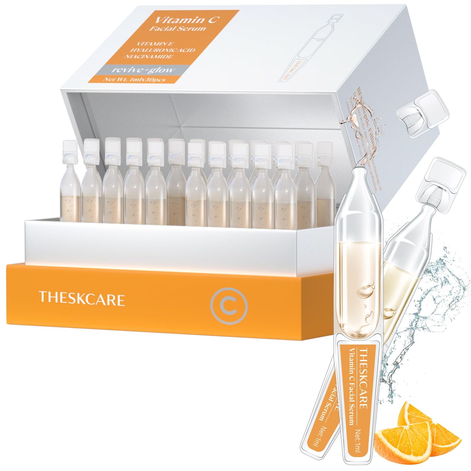 THESKCARE Vitamin C Face Serum with Hyaluronic Acid,Glutathione,Vitamin E &amp; Niacinamide, Anti Aging Facial Serum for Wrinkles &amp; Dark Spots,Hydrating &amp; Glowing,30 Ampoules