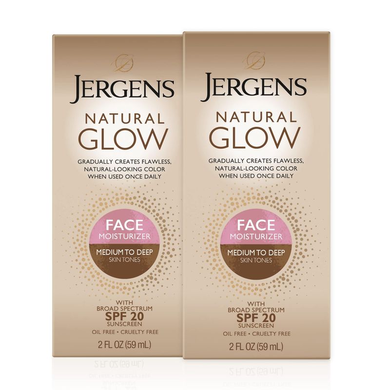 Jergens Natural Glow Face Self Tanner Lotion with SPF 20, Sunless Tanning, Medium to Deep Skin Tone Moisturizer, Daily Facial Sunscreen, Oil Free, UVA and UVB Protection, 2 Oz, Pack of 2
