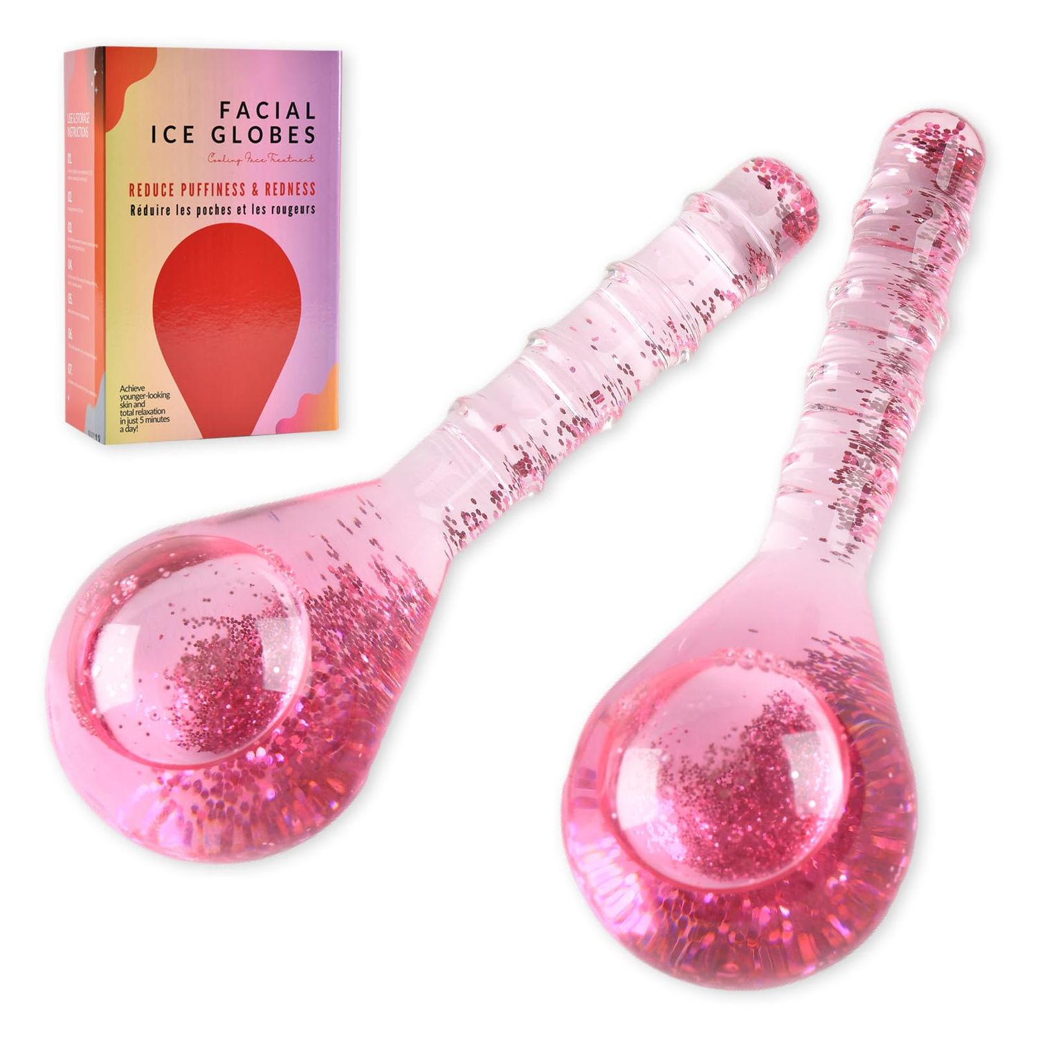 Ice Globes for Face Eye, Facial Ice Globes Cooling Ball Sculpting Beauty Tool, Skin Care Icy Roller Reduce Eye Puffy Rednes Wrinkles, Frozen Globes Cryo Stick for Home Spa Relax, Glitter Pink