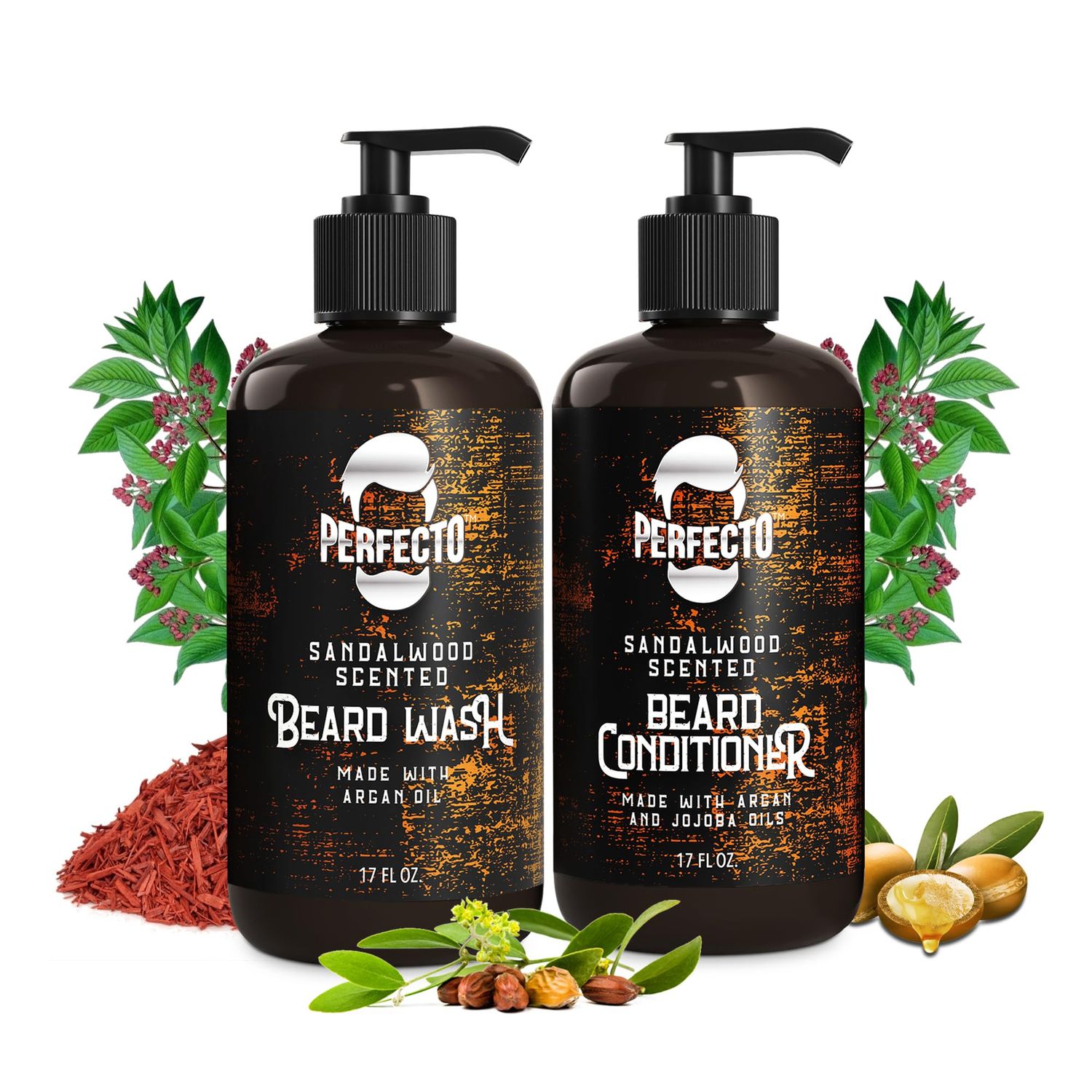 Perfecto Beard Wash &amp; Beard Conditioner Set with Argan and Jojoba Oils - Strengthens and Softens - Natural Sandalwood Scent