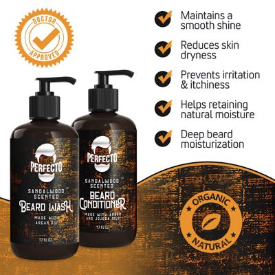Perfecto Beard Wash &amp; Beard Conditioner Set with Argan and Jojoba Oils - Strengthens and Softens - Natural Sandalwood Scent