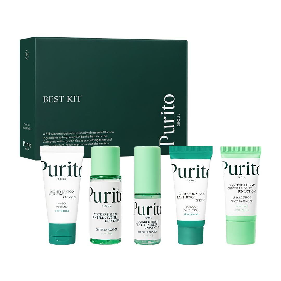 PURITO SEOUL Best Kit - Skincare Routine with Panthenol Cleanser &amp; Cream, Unscented Centella Serum &amp; Toner, For All Skin Types, Gift Set, For Face, Facial Serum, K-Beauty, 3.52 fl. oz.
