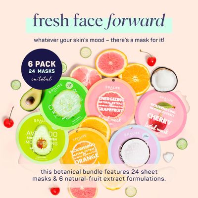 SpaLife Beauty Fruit Facial Sheet Masks 24 Pack - Face Masks Skincare Set - Hydrating Face Masks - 6 Natural Fruit Extract Formulas - Orange, Grapefruit, Strawberry, Cherry, Nectarine, Red Apple