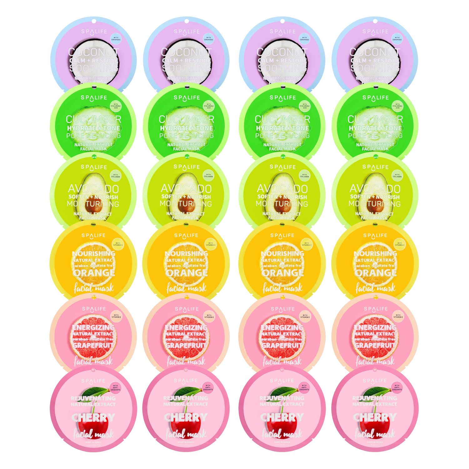 SpaLife Beauty Fruit Facial Sheet Masks 24 Pack - Face Masks Skincare Set - Hydrating Face Masks - 6 Natural Fruit Extract Formulas - Orange, Grapefruit, Strawberry, Cherry, Nectarine, Red Apple