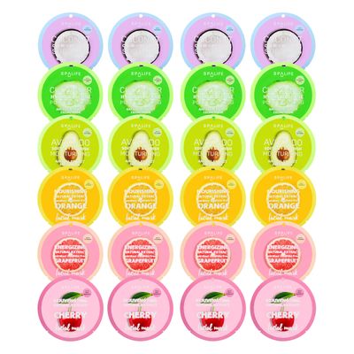 SpaLife Beauty Fruit Facial Sheet Masks 24 Pack - Face Masks Skincare Set - Hydrating Face Masks - 6 Natural Fruit Extract Formulas - Orange, Grapefruit, Strawberry, Cherry, Nectarine, Red Apple
