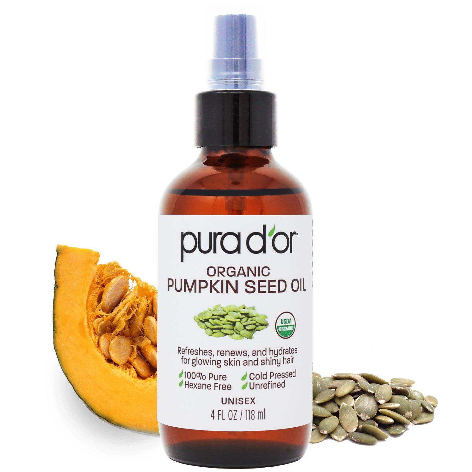 PURA D&#39;OR 4 Oz Organic Pumpkin Seed Oil - 100% Pure USDA Certified Premium Grade Body Oil &amp; Hair Growth Serum - After Shower Body Oil For Women &amp; Men - Cold Pressed, Unrefined, Hexane-Free Skin Oil