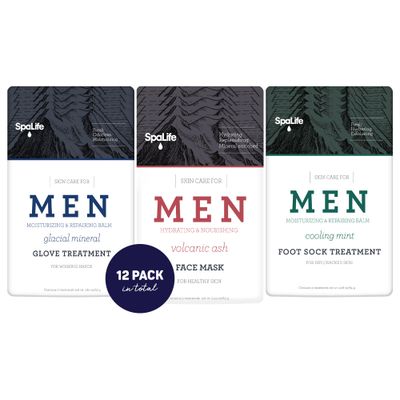 SpaLife Men&#39;s 12-Piece Spa Set: Repairing Hand Gloves for Dry Hands, Cooling Mint Foot Socks for Cracked Heels, and Moisturizing Face Mask Ultimate Men Grooming and Relaxation Gift Kit