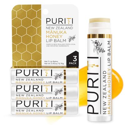 PURITI Manuka Honey Lip Balm - 3pack Soothing &amp; Moisturizing, Enriched with Almond, Jojoba, Macadamia Oils, Cocoa Butter, Hydrating for Dry &amp; Chapped Lips, 100% Genuine New Zealand Manuka Honey
