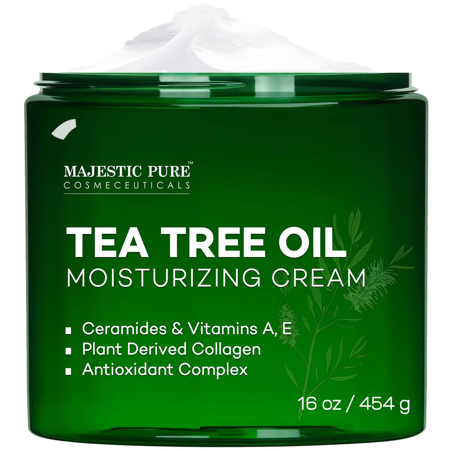 Majestic Pure Tea Tree Oil Moisturizing Cream - Body, Foot &amp; Face Moisturizer - With Ceramides, Vitamins A E &amp; Vegan Collagen - For Dry Skin, Oily Skin, &amp; Appearance Of Wrinkles - 16 oz
