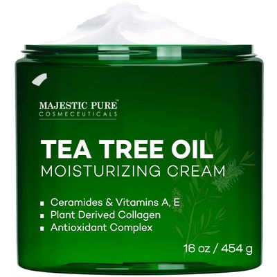 Majestic Pure Tea Tree Oil Moisturizing Cream - Body, Foot &amp; Face Moisturizer - With Ceramides, Vitamins A E &amp; Vegan Collagen - For Dry Skin, Oily Skin, &amp; Appearance Of Wrinkles - 16 oz