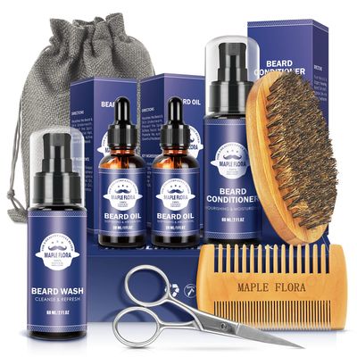 Maple Flora Beard Care Kit Gifts Set W/Beard Conditioner,2 Packs Beard Oil,Beard Wash,Brush,Comb,Scissors,Bag,E-Book,Valentine&#39;S Day Present Birthday Gifts Christmas For Men Him Dad Boyfriend Husband