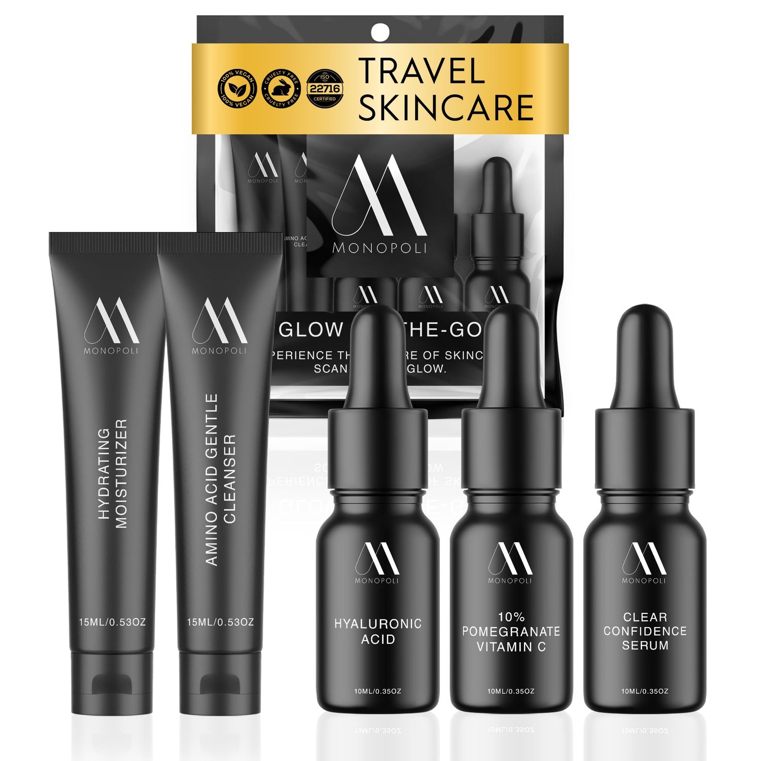 Monopoli Skin Travel Skincare Set | Airplane-Friendly Sizes | Complete Facial Skin Care Kit with BHA Serum, Vitamin C, Moisturizer &amp; Cleanser | Perfect Travel Essentials &amp; Gift Set for Women &amp; Teens