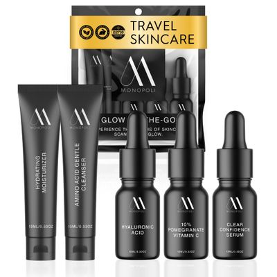 Monopoli Skin Travel Skincare Set | Airplane-Friendly Sizes | Complete Facial Skin Care Kit with BHA Serum, Vitamin C, Moisturizer &amp; Cleanser | Perfect Travel Essentials &amp; Gift Set for Women &amp; Teens