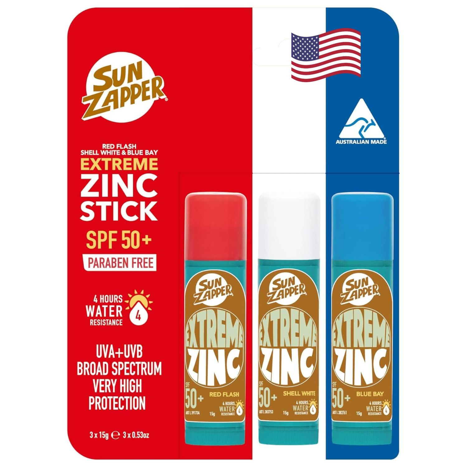 Sun Zapper Extreme Sunscreen Zinc Stick - Red, White, Blue 3-Pack SPF50+ Colored Zinc Oxide Sticks for Face - Made in Australia