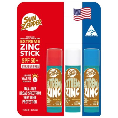 Sun Zapper Extreme Sunscreen Zinc Stick - Red, White, Blue 3-Pack SPF50+ Colored Zinc Oxide Sticks for Face - Made in Australia