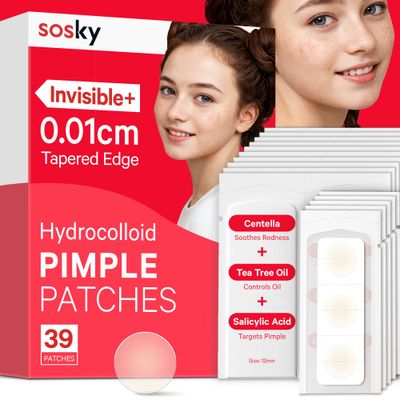 SOSKY Pimple Patches for Face, Hydrocolloid Acne Patches, Zit Sticker for Face and Skin, Pimple Patches for Covering Zits, Blemishes with Salicylic Acid 39 Count 12mm
