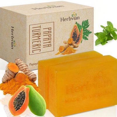 Herbvian 2 Pcs Vietnamese Natural Papaya &amp; Turmeric Soap Bar, Turmeric Soap For Face &amp; Body with Peppermint Oil, Cleanser Soap Bar for All Type Skins, Papaya Wash for Men, Women