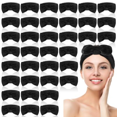Riceshoot 36 Pcs Spa Headband Bulk Facial Makeup Headband Bow Skincare Headbands Flannel Fleece Head Band Elastic Soft Face Wash Headband for Hair Wrap Yoga Sports Skincare Shower Women(Black)