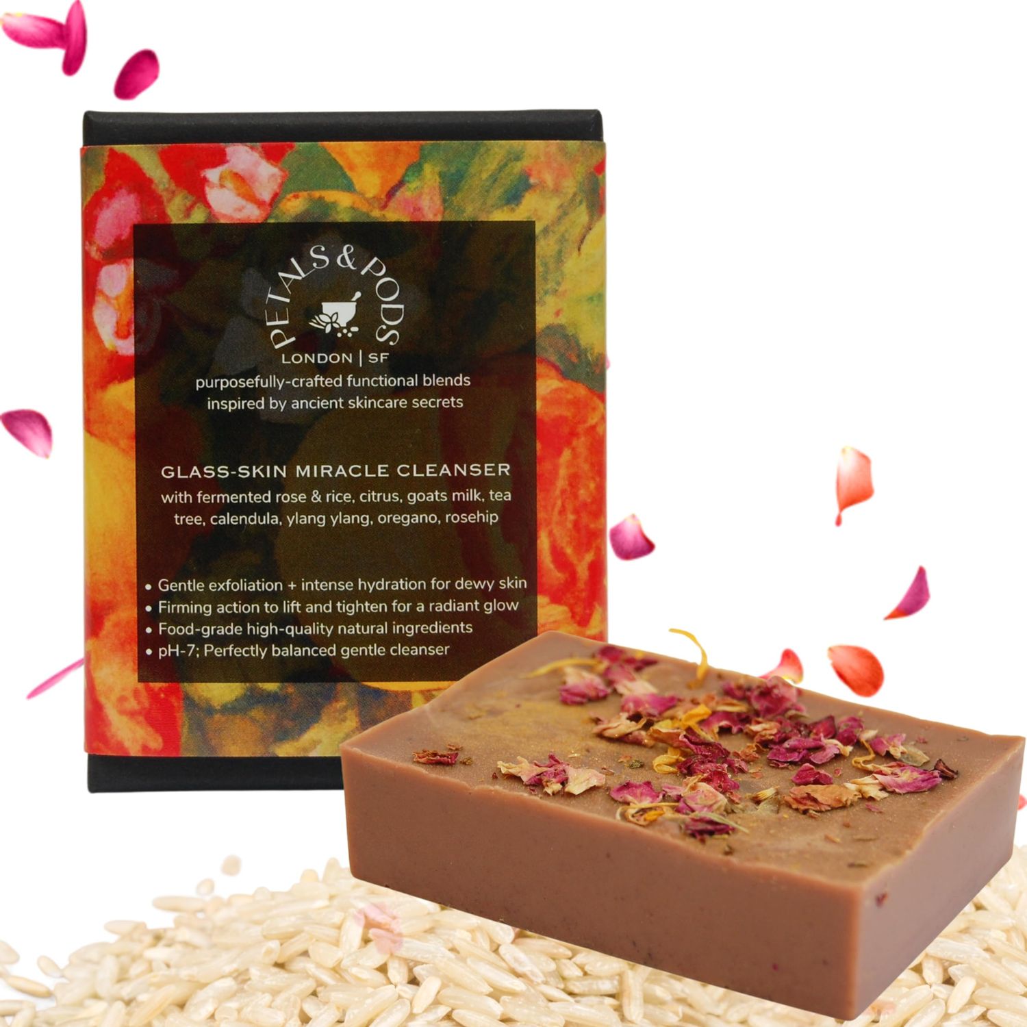 Petals and Pods Handmade Body &amp; Face Exfoliating Bar Soap - Korean-inspired fermented rose &amp; rice formula to Hydrate and Nourish Dry, Dull skin - Glass-Skin Miracle Cleanser (Face &amp; Body Bar Soap)