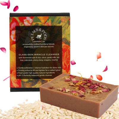 Petals and Pods Handmade Body &amp; Face Exfoliating Bar Soap - Korean-inspired fermented rose &amp; rice formula to Hydrate and Nourish Dry, Dull skin - Glass-Skin Miracle Cleanser (Face &amp; Body Bar Soap)
