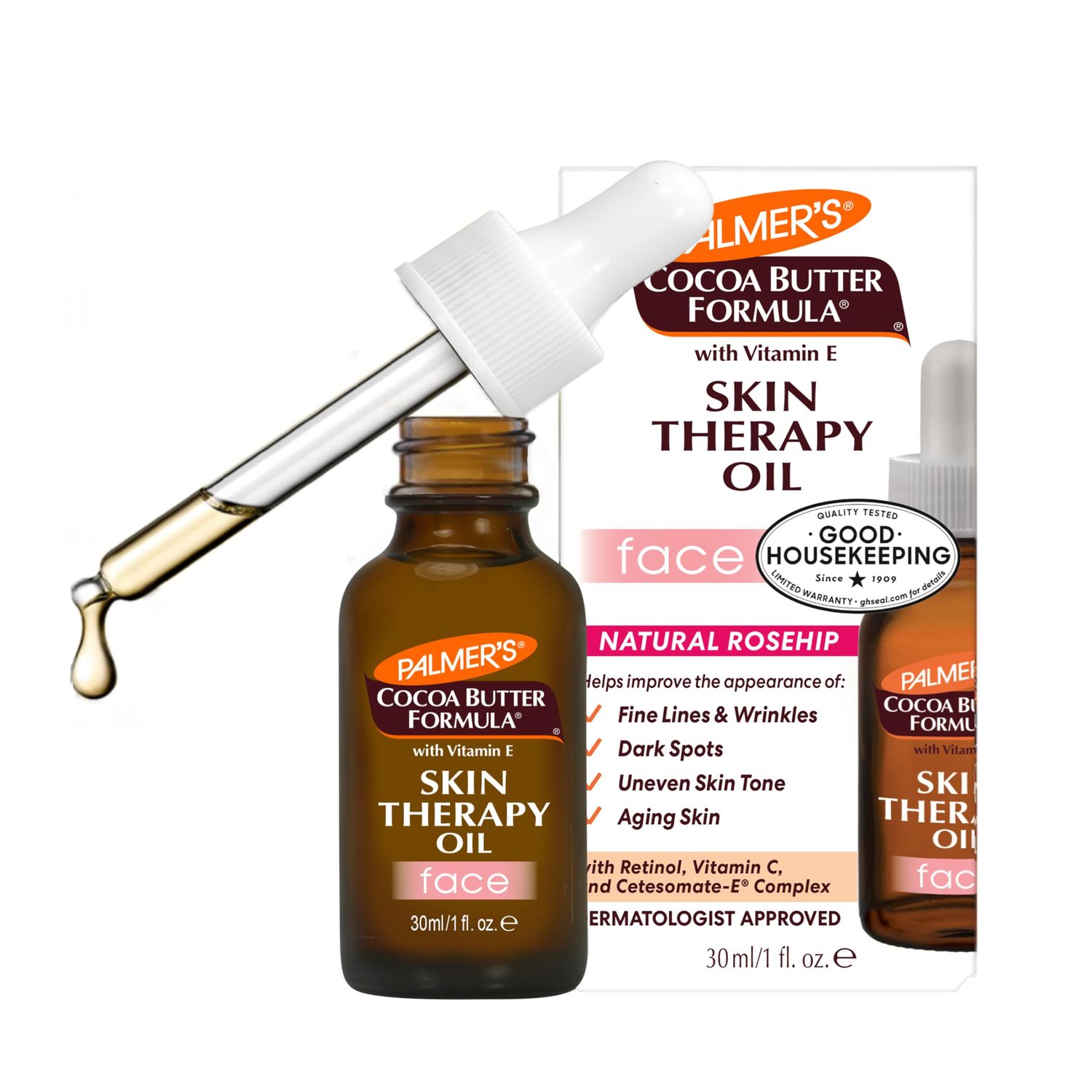 Palmer&#39;s Cocoa Butter Formula Moisturizing Skin Therapy Oil for Face with Vitamin E, C &amp; 10 Pure Facial Oil Blend, Rosehip Fragrance, 1 Ounce