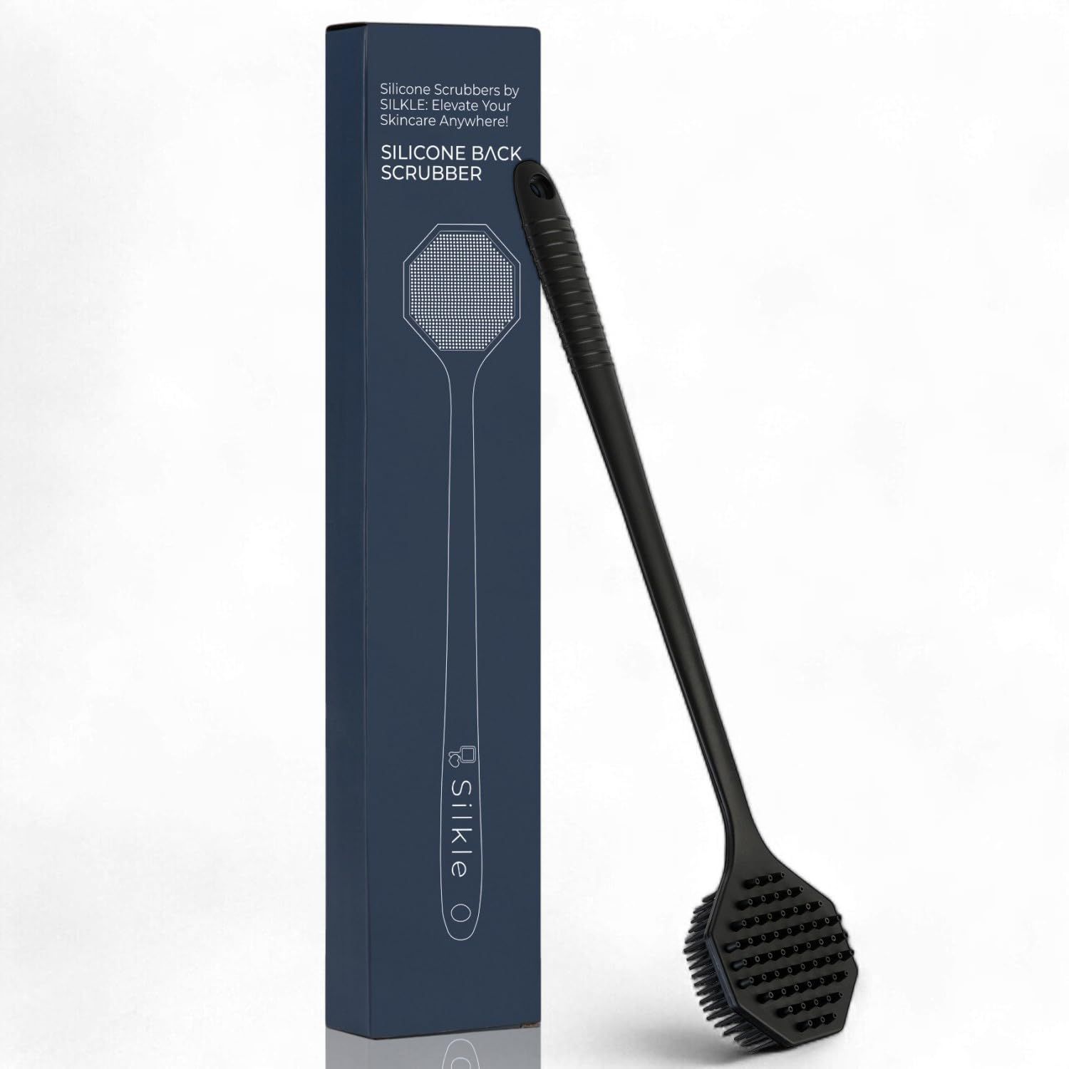 SILKLE Silicone Back Scrubber with Long Handle - Octagon Body Brush for Shower, Bath and Exfoliating - Skin Cleansing, Back Scrub and Gentle Silicone Sponge - Wash Your Body with Easy Reach - Black