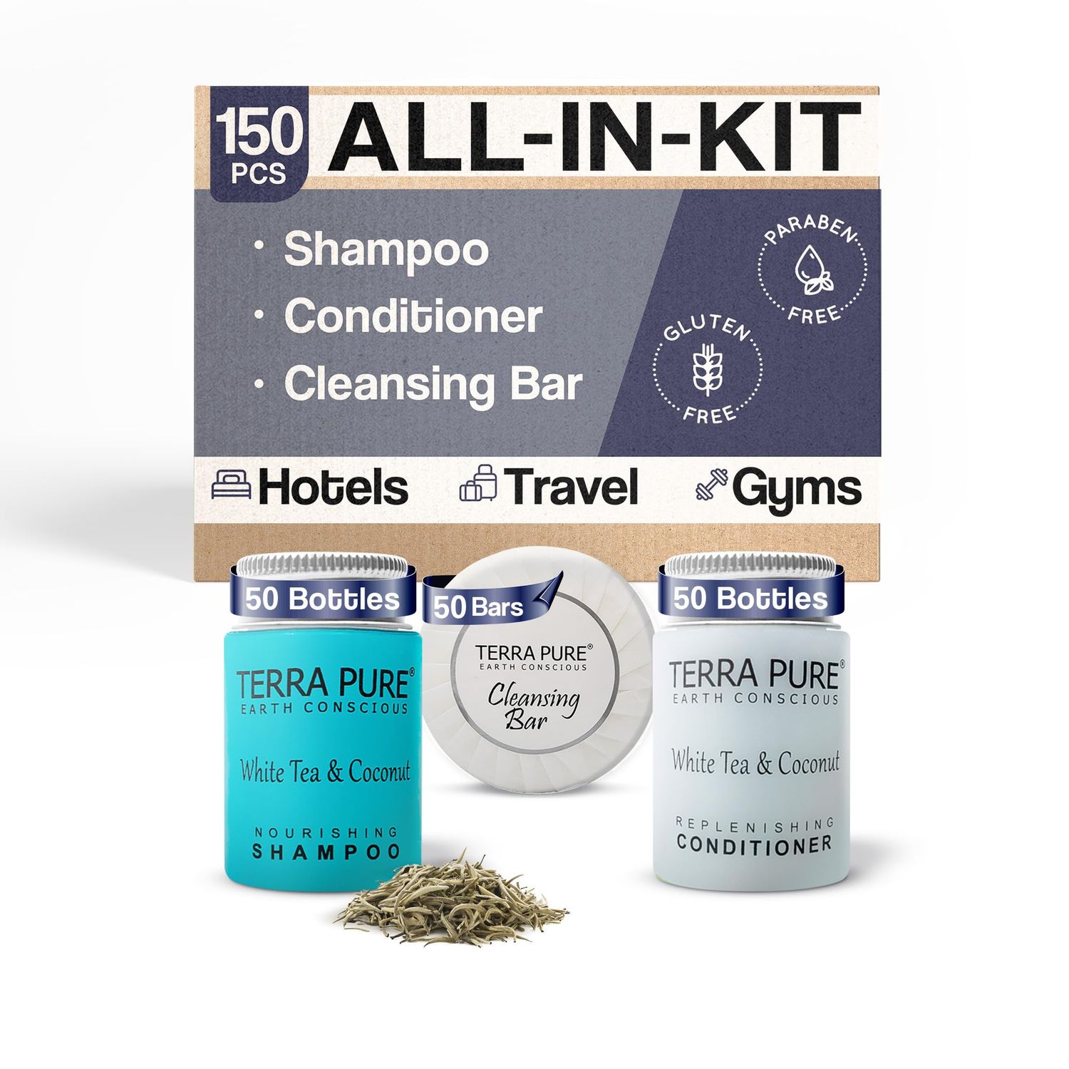 Terra Pure White Tea and Coconut Hotel Soaps and Toiletries Bulk Set | 1-Shoppe All-In-Kit Amenities for Hotels &amp; Airbnb | 1 oz Hotel Shampoo &amp; Conditioner, 1.25 oz Bar Soap Travel Size | 150 Pieces