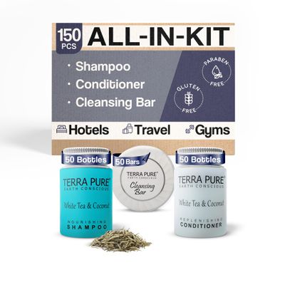 Terra Pure White Tea and Coconut Hotel Soaps and Toiletries Bulk Set | 1-Shoppe All-In-Kit Amenities for Hotels &amp; Airbnb | 1 oz Hotel Shampoo &amp; Conditioner, 1.25 oz Bar Soap Travel Size | 150 Pieces
